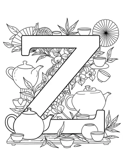 Letter Z with easy outlines of teapots, cups, and leaves in a Zen tea ceremony design.