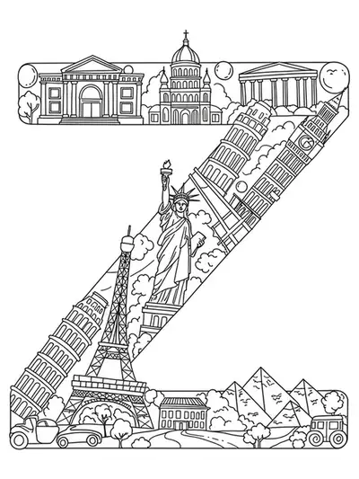 Coloring page featuring the letter Z with outlines of world landmarks such as Eiffel Tower for teens