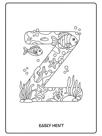 Letter Z coloring page with fish, starfish, and seaweed under the sea, suitable for elementary children.