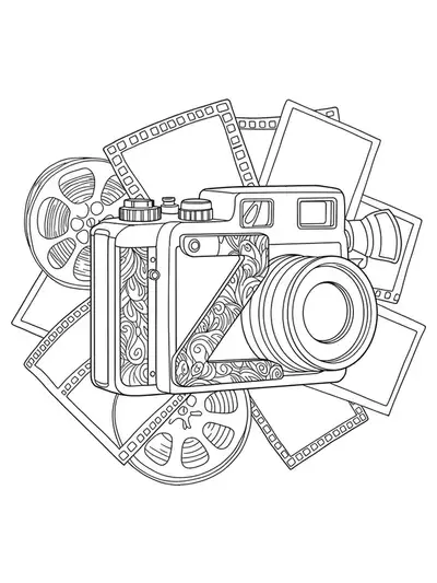 Coloring page featuring the letter Z blended into a vintage camera with photography elements for teens