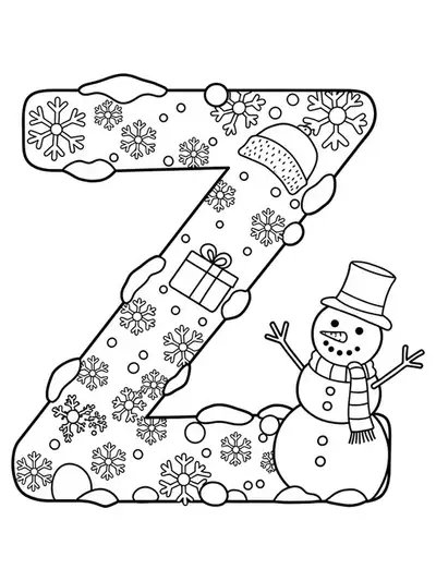 Letter Z coloring page with snowflakes, a hat, and a snowman, easy for elementary children.