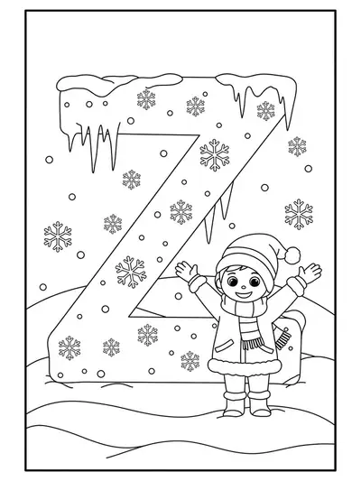 Letter Z with icicles, snowflakes, and a bundled-up child, winter themed coloring page for kids.