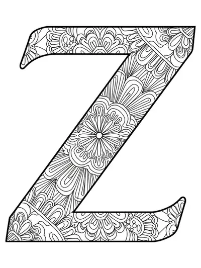 Letter Z surrounded by geometric Art Deco designs for coloring.