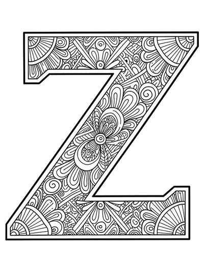 Letter Z adorned with elaborate Art Deco patterns and geometric shapes for adult coloring.