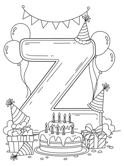 Large letter Z with birthday cake, balloons, and party hats, black and white coloring page.