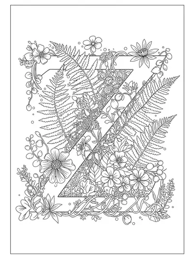 Letter Z entwined with detailed botanical plants and flowers for coloring.