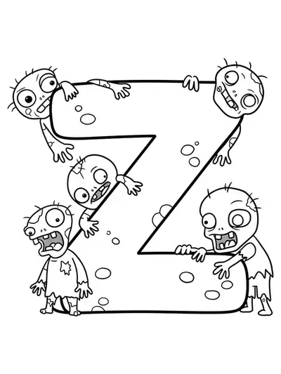 Big letter Z with silly, friendly zombies around it, black and white line art for coloring.