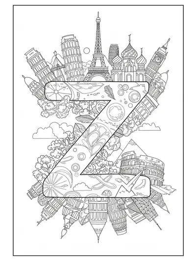 Letter Z integrated with detailed illustrations of world landmarks such as the Eiffel Tower and Colosseum.