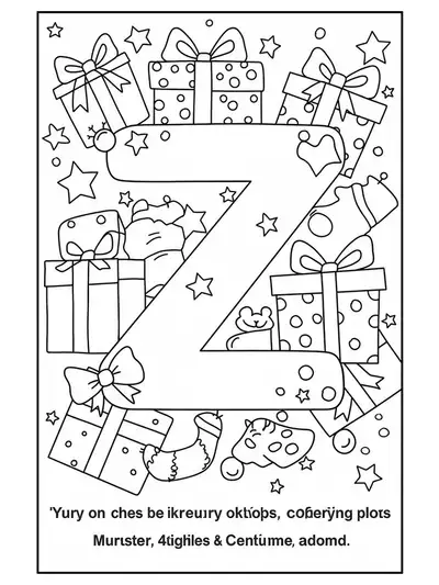 Letter Z decorated with wrapped gift boxes, bows, and stars, black and white coloring page.