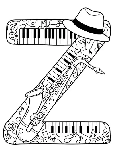 Coloring page with the letter Z and basic jazz-themed elements like notes and saxophones.