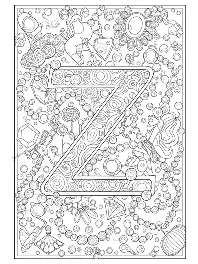 Letter Z with jewelry pieces and gemstone patterns for coloring.