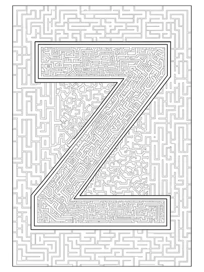 Letter Z composed of and surrounded by complex labyrinth maze patterns for adult coloring.