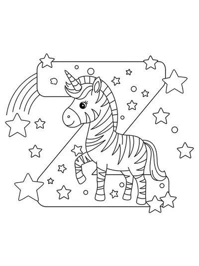 Large letter Z with a zebra unicorn and stars, black and white coloring page for kids.