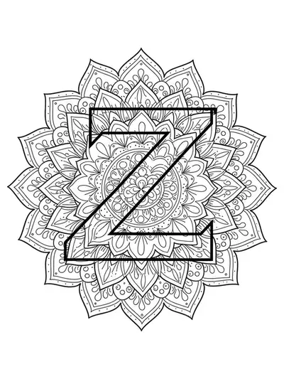 Letter Z surrounded by mandala shapes and circular patterns for coloring.