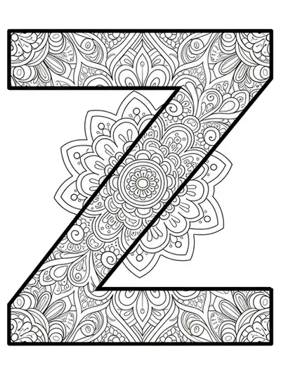 Intricate mandala patterns forming and surrounding the letter Z, designed for adult coloring at a hard difficulty level.