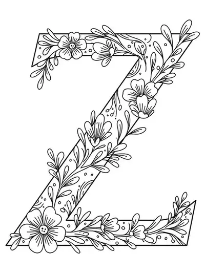 Letter Z outlined with simple floral accents and leaves around it