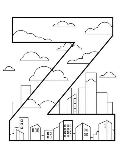 Letter Z with a minimalist city skyline and clouds outlined around it