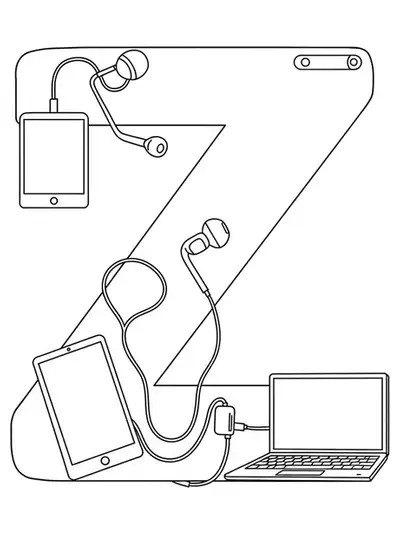 Letter Z outlined with a tablet, earbuds, and a laptop device around it