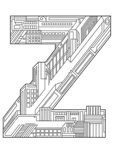 Letter Z with abstract modern buildings and architectural elements for coloring.