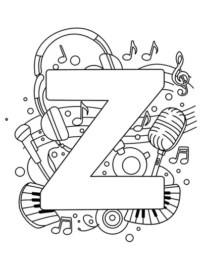 Large letter Z with musical notes, headphones, and a microphone outlined around it