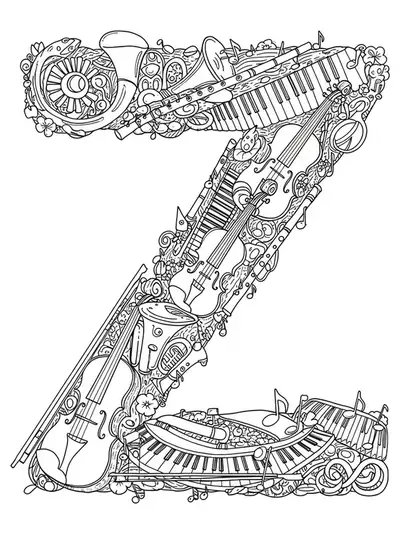 Letter Z surrounded and intertwined with detailed musical instruments for adult coloring.