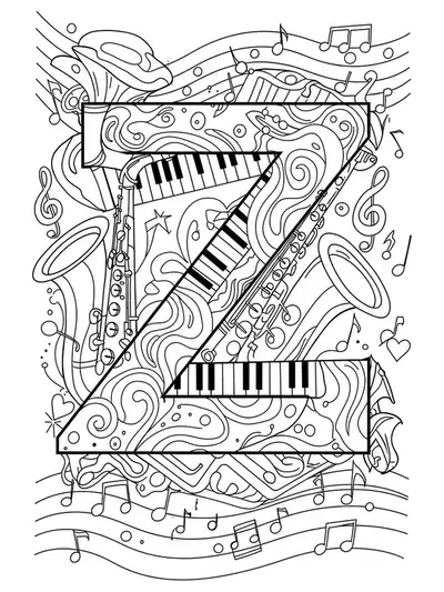 Letter Z adorned with jazz instruments and swirling musical notes for coloring.