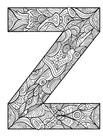 Letter Z formed with complex optical illusion line art patterns for adult coloring.