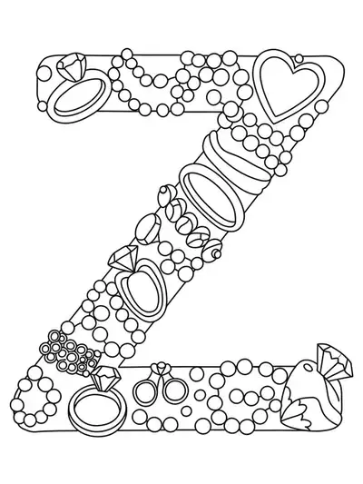 Letter Z with various simple jewelry pieces in large, easy-to-color outlines.