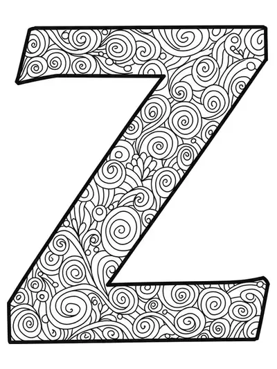 Letter Z with basic Zen doodle swirls and patterns, easy to color.
