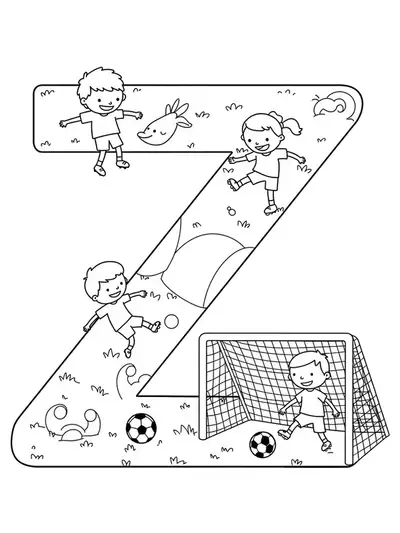 Letter Z with soccer-playing kids, goal nets, and a soccer ball, black and white coloring page.