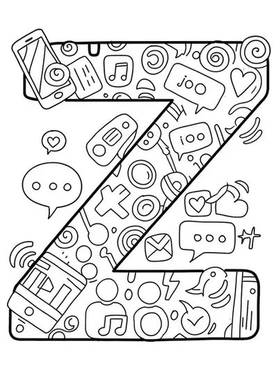 Letter Z surrounded by icons like smartphone, hashtags, and speech bubbles