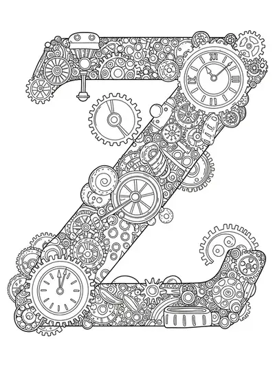 Letter Z integrated with steampunk gears, cogs, and intricate mechanical details for adult coloring.