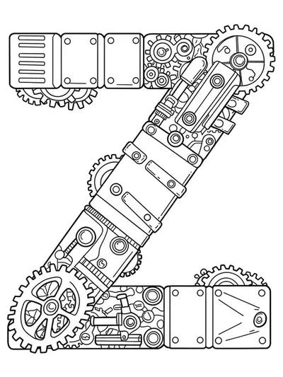 Letter Z combined with steampunk gears and mechanical parts for coloring.