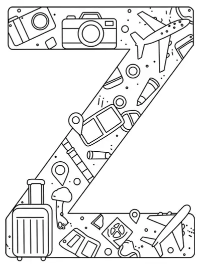 Outline of letter Z with a suitcase, camera, and airplane around it