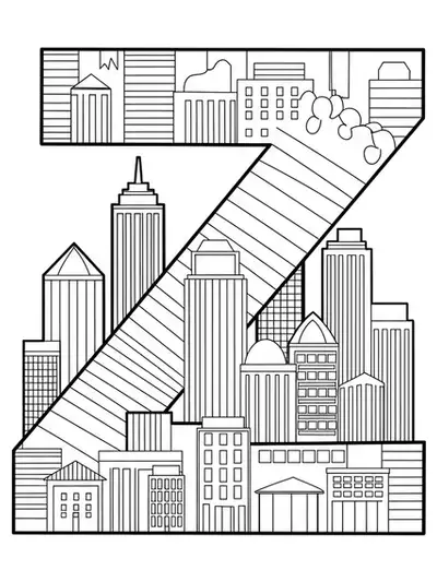 Letter Z with detailed city skyline and building silhouettes for coloring.
