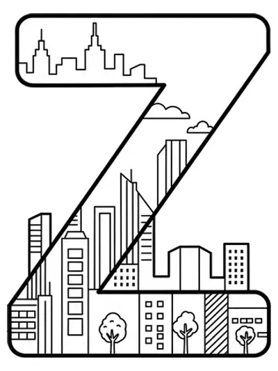 Letter Z at the center with basic outlines of a city skyline in the background.