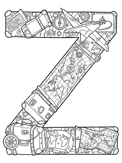 Letter Z with vintage suitcases, maps, and compasses for coloring.