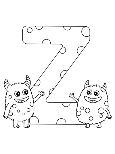 Line art showing large letter Z with two easy, silly monsters beside it.