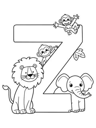 Easy coloring page showing large letter Z with simple zoo animals: lion, monkey, elephant.