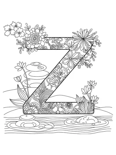 Letter Z with Zen garden elements, stones, and sand patterns for coloring.