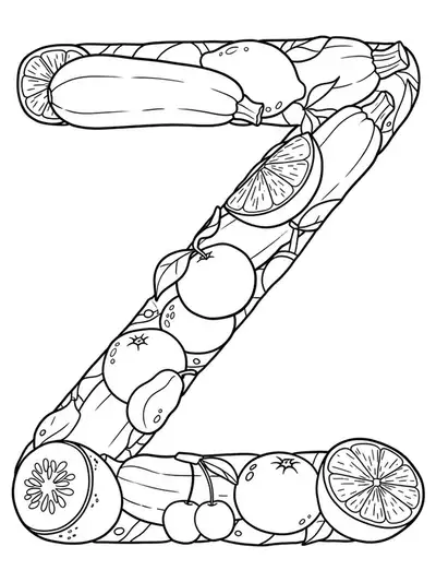 Letter Z coloring page with zucchini, lemons, and oranges for easy coloring by elementary kids.