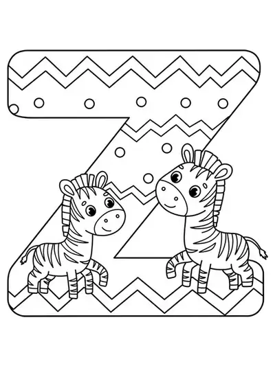 Simple letter Z coloring page with two smiling zebras and zigzag lines around the large letter Z.