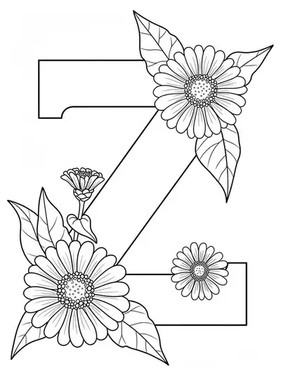 Letter Z with blooming zinnia flowers and leaves, black and white coloring page.