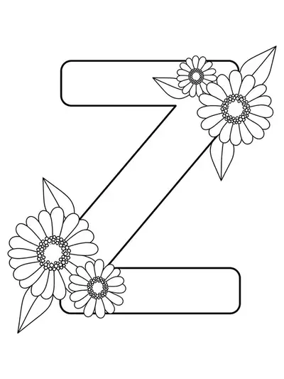 Easy coloring page with a large letter Z and three simple zinnia flowers.