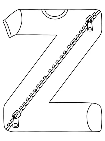 Letter Z with a zipper going through shirts and jackets, black and white coloring page for preschool.