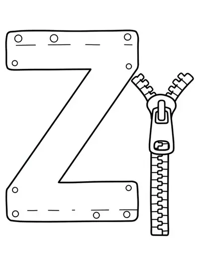 Easy letter Z coloring page with a cartoon zipper, designed for elementary students.