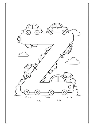 Line art coloring page of a big letter Z with several simple cartoon cars driving around it.