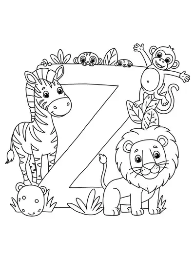 Easy letter Z coloring page with zoo animals including a zebra, lion, and monkey, designed for elementary children.