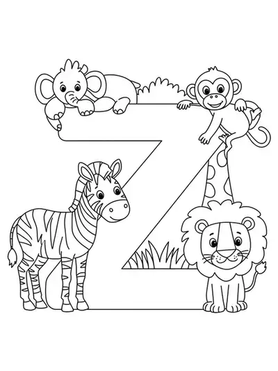 Large letter Z with zoo animals like zebra, lion, and monkey around it, black and white line art for coloring.