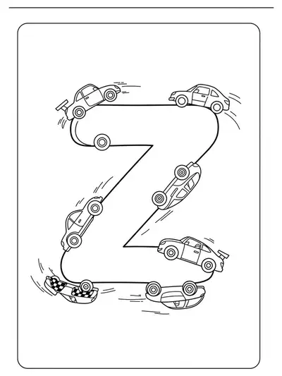 Letter Z with race cars zooming around it, black and white line art for coloring.